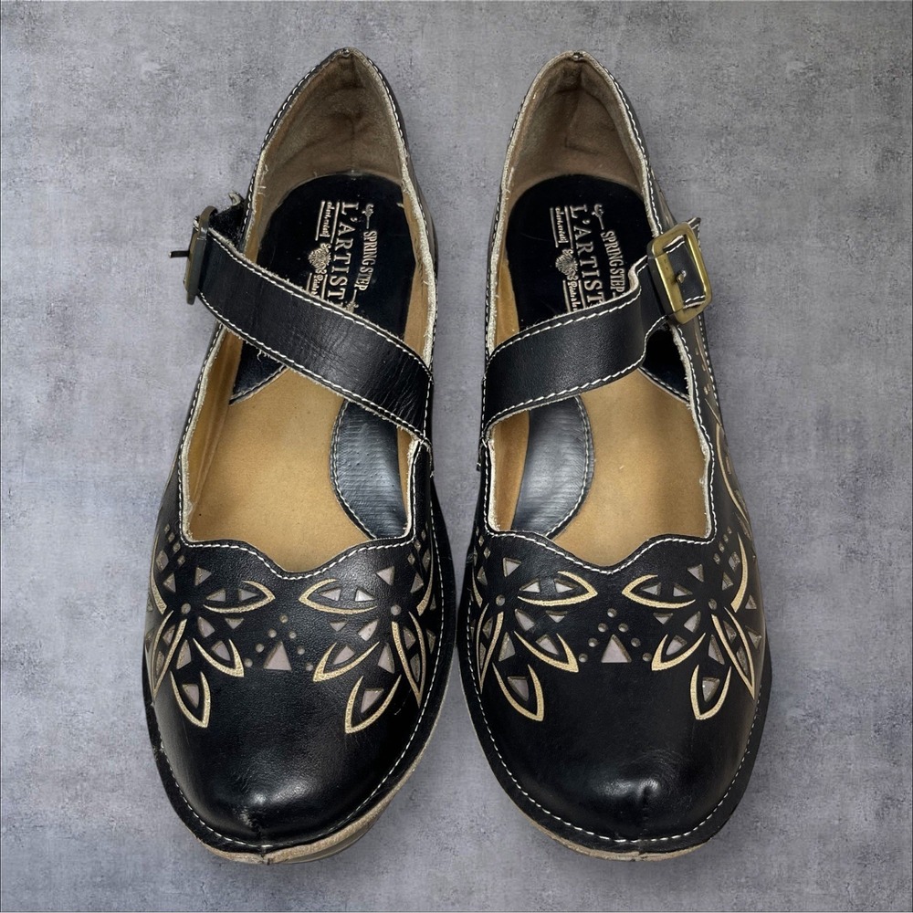 L'Artiste Amrita Black Leather Mary Jane Wedge Shoes Clogs Womens 38 US 7.5-8